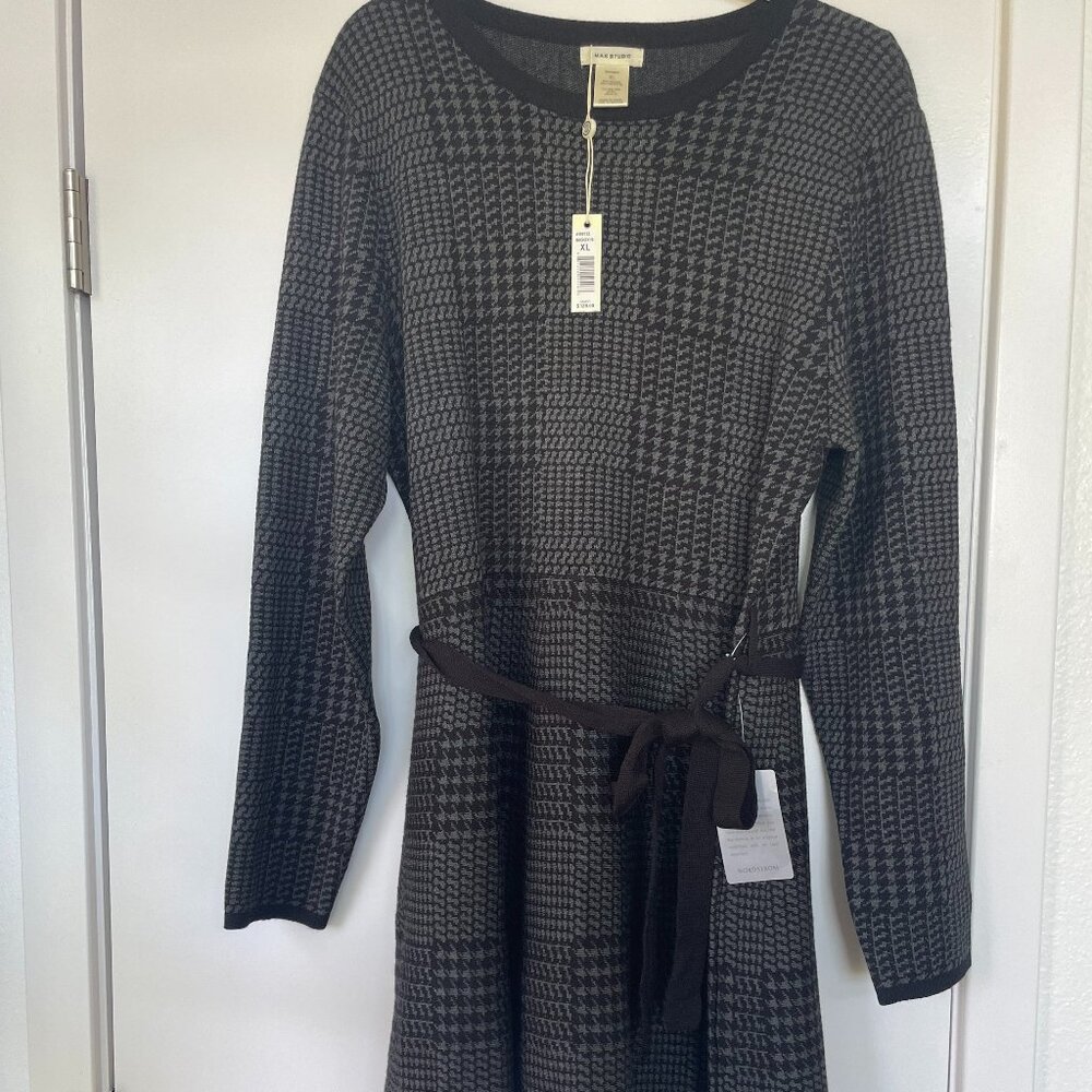 Max Studio‎ Fit and Flare Houndstooth Knit Dress, Long Sleeve, XL, NWT, A909152